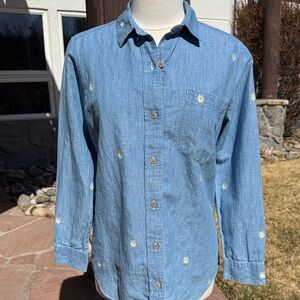 Lucky Brand Light Blue Cotton Linen Blend Daisy Embroidered Button-Down Shirt
